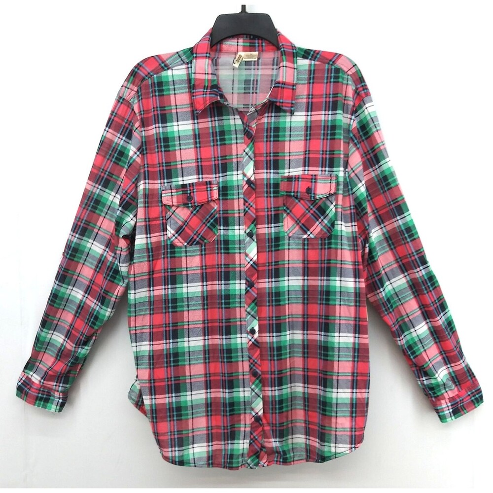 Passport Shirt Women Plus Size 3X Multicolor Plaid Roll Tab Sleeve Button Up Top